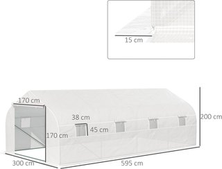 Invernadero de túnel 6X3X2M con 8 ventanas y puerta enrollable, invernadero para huerto con 4 estacas y 4 cuerdas incluidas, en acero y PP, blanco