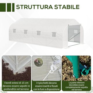 Invernadero de túnel 6X3X2M con 8 ventanas y puerta enrollable, invernadero para huerto con 4 estacas y 4 cuerdas incluidas, en acero y PP, blanco