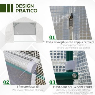 Invernadero de túnel 6X3X2M con 8 ventanas y puerta enrollable, invernadero para huerto con 4 estacas y 4 cuerdas incluidas, en acero y PP, blanco