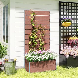 Jardinera Exterior Con Rejilla de Listones, Huerto Elevado Con Rejilla para Plantas Trepadoras, 72X38X150Cm, Marrón Claro
