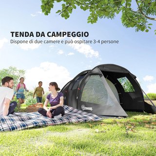 Tenda da Campeggio per 3 Persone con 2 Camere Interne con Finestre e Tetti, Borsa da Trasporto Inclusa, 475X264X172Cm, Nero
