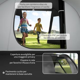 Tenda da Campeggio per 3 Persone con 2 Camere Interne con Finestre e Tetti, Borsa da Trasporto Inclusa, 475X264X172Cm, Nero