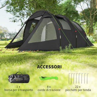 Tenda da Campeggio per 3 Persone con 2 Camere Interne con Finestre e Tetti, Borsa da Trasporto Inclusa, 475X264X172Cm, Nero