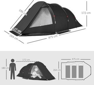 Tenda da Campeggio per 3 Persone con 2 Camere Interne con Finestre e Tetti, Borsa da Trasporto Inclusa, 475X264X172Cm, Nero