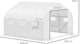 Invernadero para Huerto en Túnel Con 6 Ventanas y Puerta Enrollable, Invernadero de Jardín en PE Con Tubos de Metal, para Plantas y Frutos, 4.5X3M, Blanco