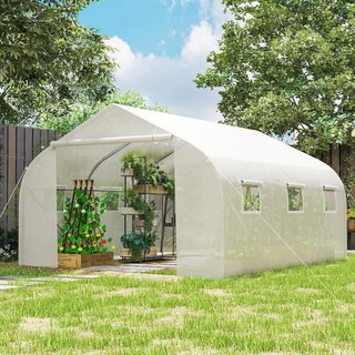 Invernadero para Huerto en Túnel Con 6 Ventanas y Puerta Enrollable, Invernadero de Jardín en PE Con Tubos de Metal, para Plantas y Frutos, 4.5X3M, Blanco
