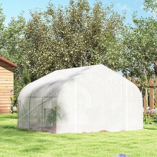 Invernadero para Huerto en Túnel Con 6 Ventanas y Puerta Enrollable, Invernadero de Jardín en PE Con Tubos de Metal, para Plantas y Frutos, 4.5X3M, Blanco