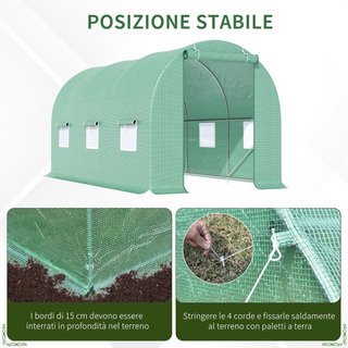 Invernadero para Huerto en Túnel 4.45X2X2 M, Con 6 Ventanas y Puerta Enrollable, Invernadero de Jardín con Techo Redondeado, en PE y Metal, Verde