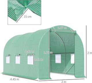 Invernadero para Huerto en Túnel 4.45X2X2 M, Con 6 Ventanas y Puerta Enrollable, Invernadero de Jardín con Techo Redondeado, en PE y Metal, Verde