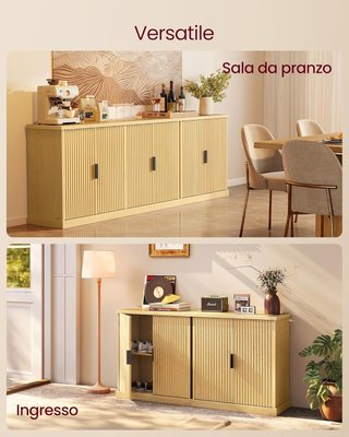 Credenza, Mueble Consola, Aparador Con Estantes Regulables, Puertas Talladas, Estilo Transicional, Alacena Cocina Comedor, Beige Roble