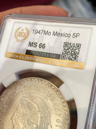 Moneda Plata 5 Pesos México 1947 GBCA MS66