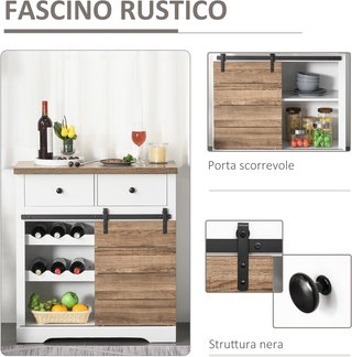 Credenza con 2 cassetti, ripiani aperti e portabottiglie, credenza da cucina in legno e metallo rustico, 80x39x86 cm, bianco e colore legno