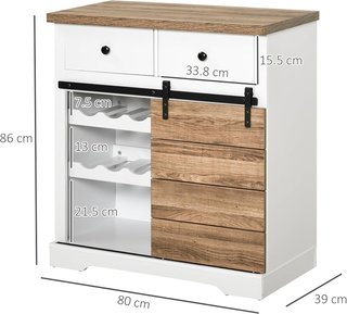 Credenza con 2 cassetti, ripiani aperti e portabottiglie, credenza da cucina in legno e metallo rustico, 80x39x86 cm, bianco e colore legno