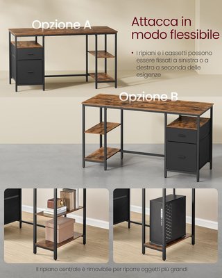 Escritorio para Computadora, Mesa de Oficina, Escritorio con 3 Estantes, 2 Cajones, 60 X 140 X 76 Cm, para Oficina, Sala de Estar, Estilo Industrial, Marrón Vintage y Negro Mate LWD104B01