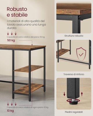 Escritorio para Computadora, Mesa de Oficina, Escritorio con 3 Estantes, 2 Cajones, 60 X 140 X 76 Cm, para Oficina, Sala de Estar, Estilo Industrial, Marrón Vintage y Negro Mate LWD104B01