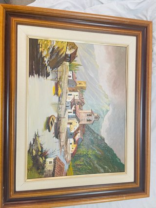 Cuadro al óleo Pueblo junto al río con marco