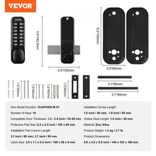 Cerradura de Puerta de Entrada Mecánica Sin Llave, Teclado de 14 Dígitos, Juego de Cerraduras para Puerta de Entrada Exterior con Pestillo Montado en Superficie, Aleación de Zinc Impermeable, Tecl...
