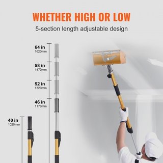 Mango Plano para Paneles de Yeso, 101.6-1950.7 cm, Mango de Extensión de Aluminio Anodizado para Acabado Plano, Ajustable en Longitud de 5 Secciones, Agarre Antideslizante y Pintura de 360° para P...