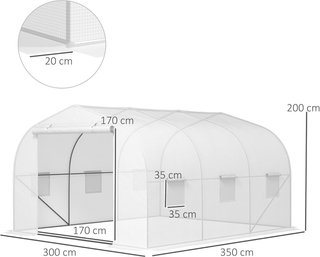Invernadero de Jardín, Invernadero de Túnel para Jardín con Puerta enrollable y 6 Ventanas, para Huerto de Polietileno y Acero, 3.5X3X2 M, Blanco