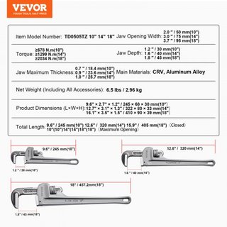 Juego de Llaves de Tubo de 3 Piezas, 10" 14" 18" Llave de Tubo Recta de Aluminio, Llave de Plomería Ajustable, con Mandíbula de Alta Resistencia y Mango Ergonómico, Diseño Colgable, para Tuberías ...