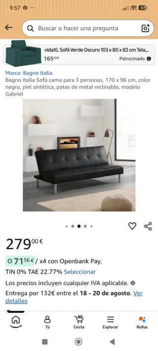 Sofá Cama Piel Sintética Negro