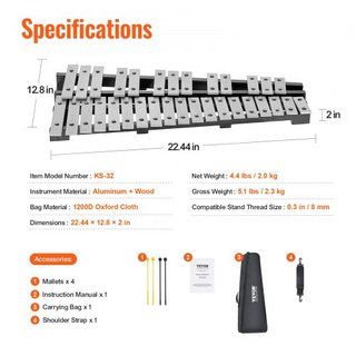 Kit de Campanas Glockenspiel de 32 Notas, Instrumento de Percusión con Maquetas, Palos de Tambor y Bolsa de Transporte, Conjunto Profesional de Instrumentos de Percusión Glockenspiel para Adultos ...