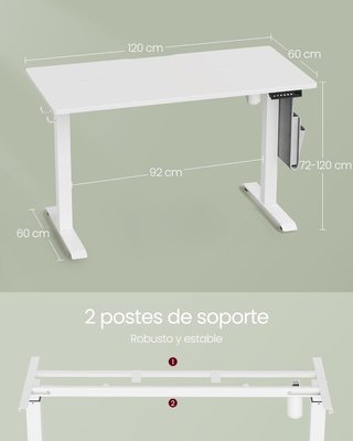 Escritorio Eléctrico Ajustable en Altura, 60 X 120 X (72-120) Cm, Mesa Ajustable de Forma Continua, Función de Memoria con 4 Alturas, Blanco Nube LSD172W01
