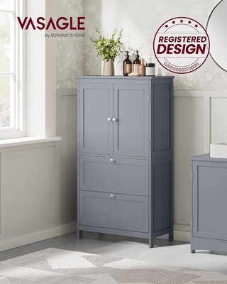 Mobile da Bagno, Mobiletto da Bagno, Credenza da Cucina, Armadio con 2 Cassetti e 2 Ante, Mensola Regolabile, 30 X 60 X 110 Cm, Grigio Tortora BBC551G02