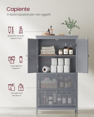Mobile da Bagno, Mobiletto da Bagno, Credenza da Cucina, Armadio con 2 Cassetti e 2 Ante, Mensola Regolabile, 30 X 60 X 110 Cm, Grigio Tortora BBC551G02