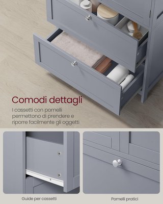 Mobile da Bagno, Mobiletto da Bagno, Credenza da Cucina, Armadio con 2 Cassetti e 2 Ante, Mensola Regolabile, 30 X 60 X 110 Cm, Grigio Tortora BBC551G02