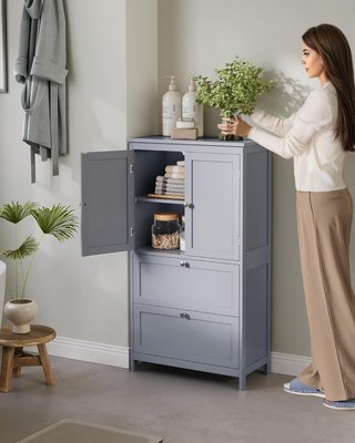 Mobile da Bagno, Mobiletto da Bagno, Credenza da Cucina, Armadio con 2 Cassetti e 2 Ante, Mensola Regolabile, 30 X 60 X 110 Cm, Grigio Tortora BBC551G02