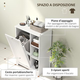 Mobile portabiancheria per bagno con cesto estraibile, mobile bagno salvaspazio, mobile lavanderia con borsa portabiancheria pieghevole e 3 ripiani, 60X38X86 cm, bianco