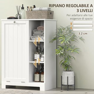Mobile portabiancheria per bagno con cesto estraibile, mobile bagno salvaspazio, mobile lavanderia con borsa portabiancheria pieghevole e 3 ripiani, 60X38X86 cm, bianco