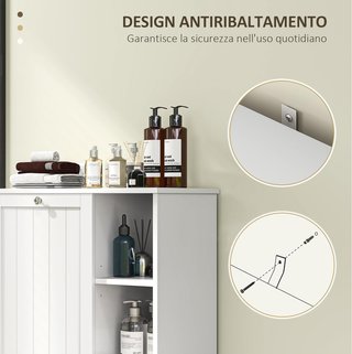 Mobile portabiancheria per bagno con cesto estraibile, mobile bagno salvaspazio, mobile lavanderia con borsa portabiancheria pieghevole e 3 ripiani, 60X38X86 cm, bianco