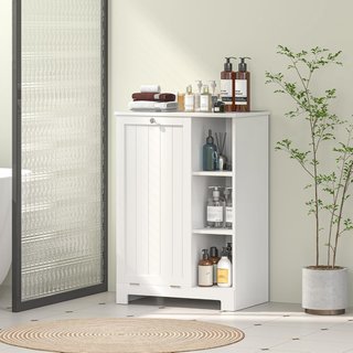 Mobile portabiancheria per bagno con cesto estraibile, mobile bagno salvaspazio, mobile lavanderia con borsa portabiancheria pieghevole e 3 ripiani, 60X38X86 cm, bianco