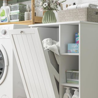 Mobile portabiancheria per bagno con cesto estraibile, mobile bagno salvaspazio, mobile lavanderia con borsa portabiancheria pieghevole e 3 ripiani, 60X38X86 cm, bianco
