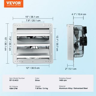 Ventilador de Escape con Persiana, 305 mm de Alta Velocidad 1400RPM 1084 CFM, Ventilador de Ático Montado en Pared de Aluminio con Motor de CA, Ventilación y Enfriamiento para Invernaderos, Garaje...