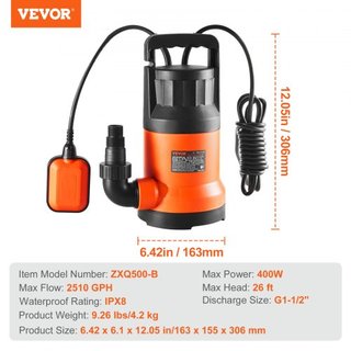 Bomba de Agua Sumergible Bomba de Sump 400W 2510 GPH/9506 LPH 26 ft/7.9 m de Altura