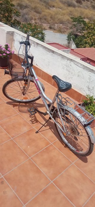 Bicicleta de ciudad plateada con cesta