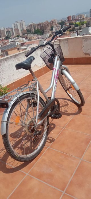 Bicicleta de ciudad plateada con cesta