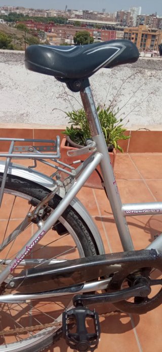 Bicicleta de ciudad plateada con cesta