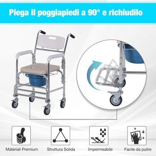 Silla de Ruedas Impermeable Con WC Asiento de Ecopiel, 4 Ruedas, Vaso Extraíble para Ancianos/Discapacitados, 84X54X96Cm