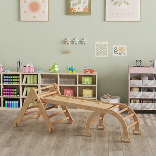 Struttura da Arrampicata per Bambini 7 in 1, Scala Triangolare Pieghevole, Arco Montessori con Scivolo in Legno, Palestra Montessori per Bambini da 1,5 a 4 Anni, Parco Giochi per Interni