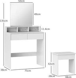 Estación de Maquillaje con Taburete, Mesa de Maquillaje con Espejo, 3 Estantes, 2 Cajones, Tocador Moderno de Madera para Dormitorio, 75X38X135 Cm, Blanco
