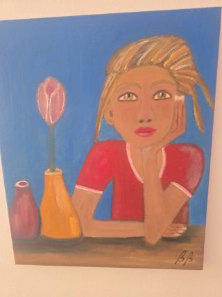 Óleo chica con tulipán 46x38