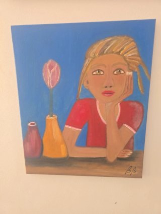 Óleo chica con tulipán 46x38