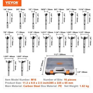 Juego de Brocas Forstner, 16 Piezas Juego de Brocas Forstner, 6.4mm a 41.3mm, Acero al Carbono, con Mango Redondo Universal, Broca Forstner para Madera y Tablero Compuesto, Brocas Forstner para Ca...
