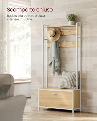 Perchero Con Zapatero Plegable, Mueble De Entrada, Con Banco, 9 Ganchos Y Estante Superior, para Pasillo Dormitorio, Estilo Moderno, Roble Y Blanco HSR405W09