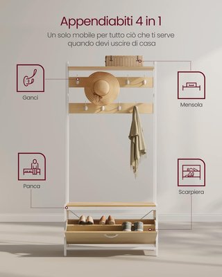 Perchero Con Zapatero Plegable, Mueble De Entrada, Con Banco, 9 Ganchos Y Estante Superior, para Pasillo Dormitorio, Estilo Moderno, Roble Y Blanco HSR405W09