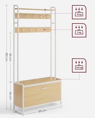Perchero Con Zapatero Plegable, Mueble De Entrada, Con Banco, 9 Ganchos Y Estante Superior, para Pasillo Dormitorio, Estilo Moderno, Roble Y Blanco HSR405W09